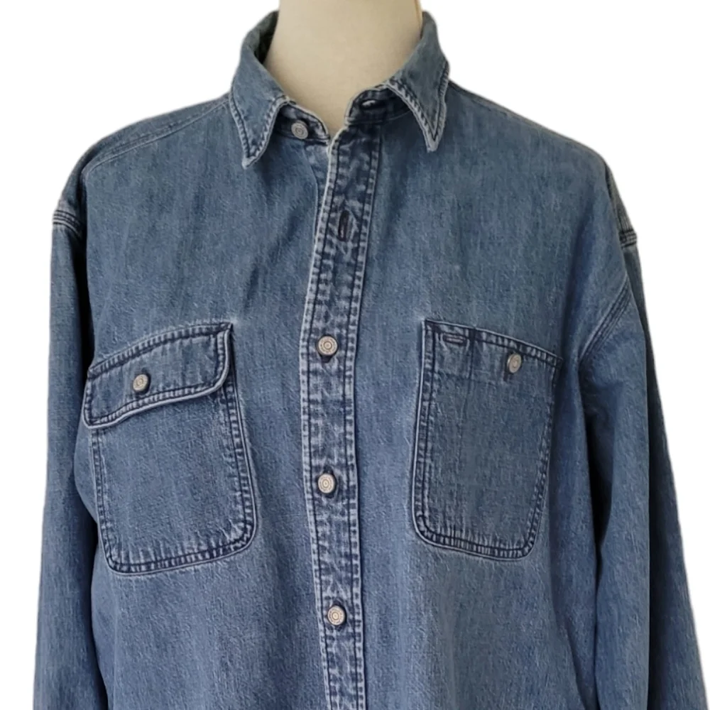 Polo Ralph Lauren 90s Mens Dungaree Workshirt‎ Medium Wash Denim Button Up